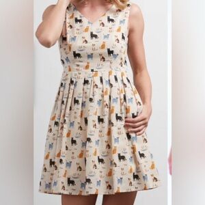 SM Wardrobe Whimsical Cream Dress Multicolor Cat Print Attached Belt.   Sz XL